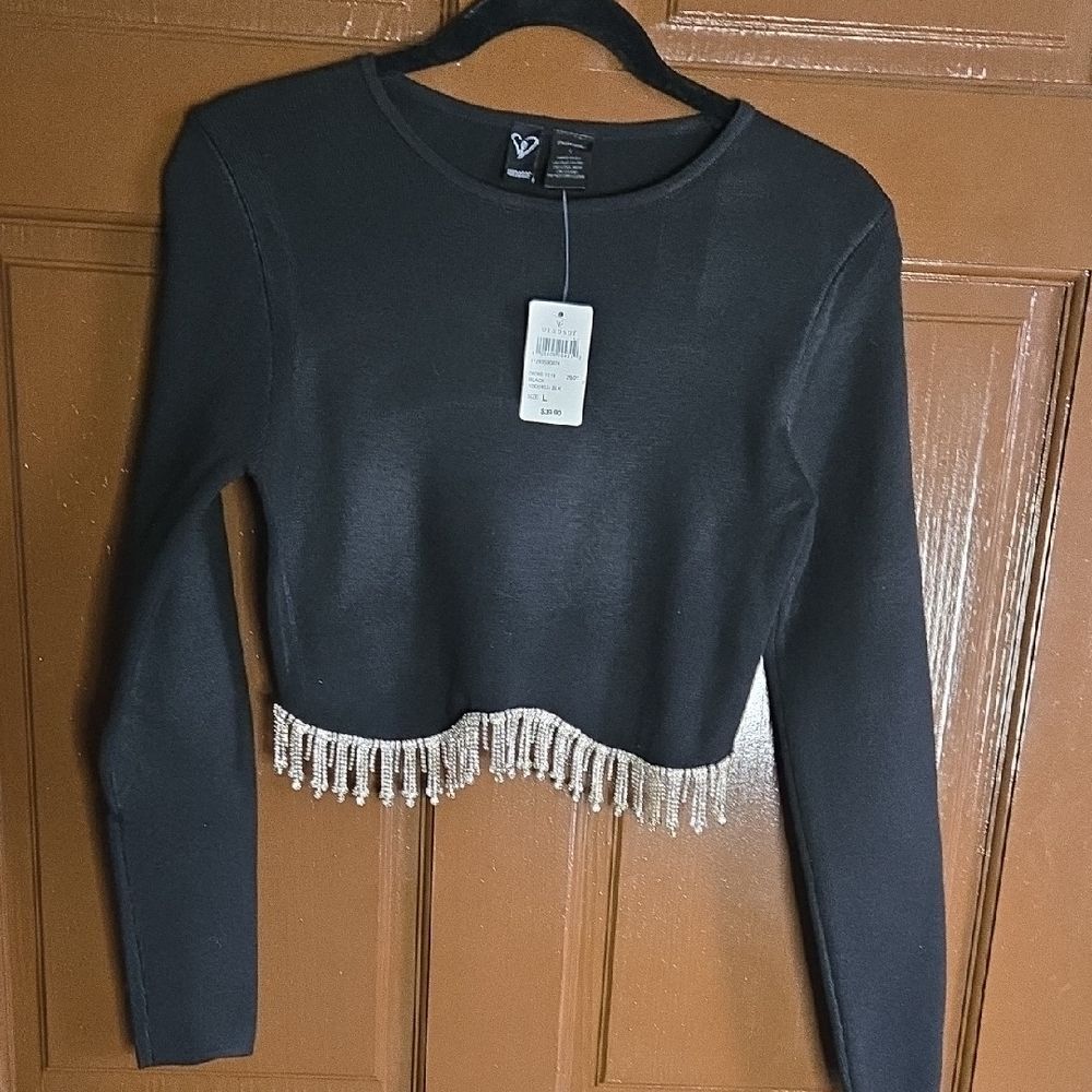 Windsor-Black long sleeved knit pullover with rhinestones around bottom Sz L NWT
